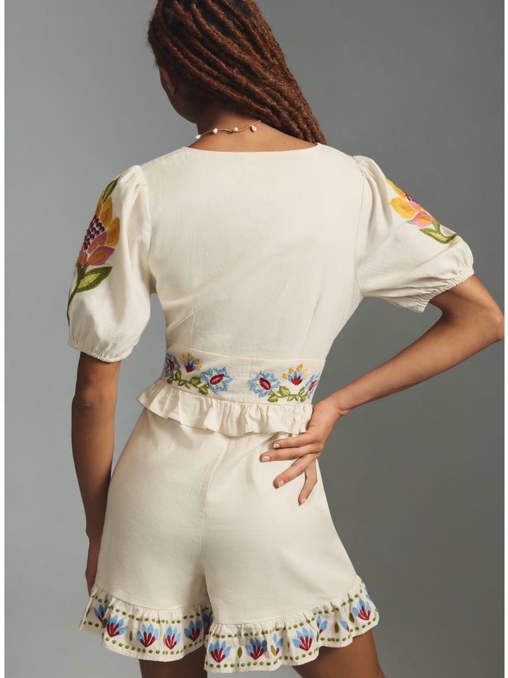 Farm Rio Summer Garden Cream Embroidered Flutter Sleeve Romper - Picture 4 of 12